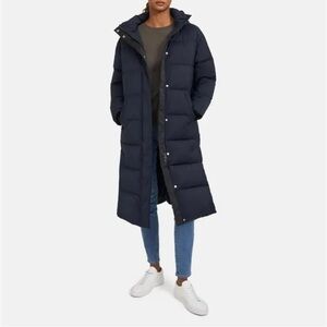 Theory Down City Puffer Coat Parka Hooded Womens Large Blue Longline Minimalist